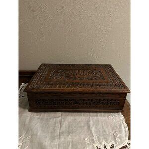 Vintage Carved Wooden Jewelry Trinket Box
